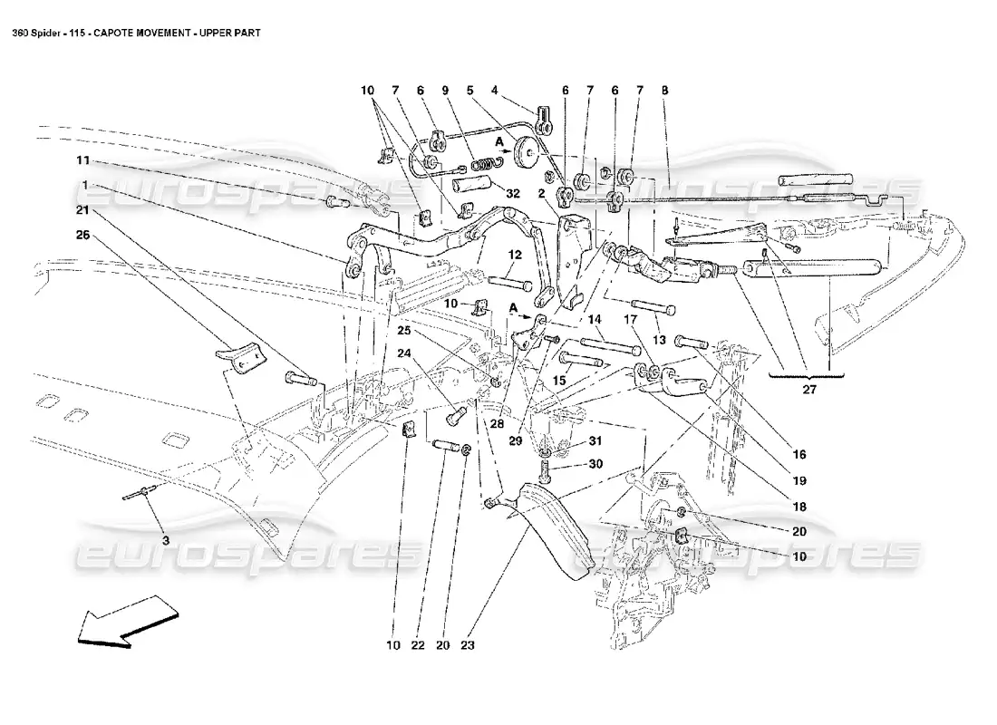 ferrari 360 spider movimiento capote - parte superior diagrama de piezas