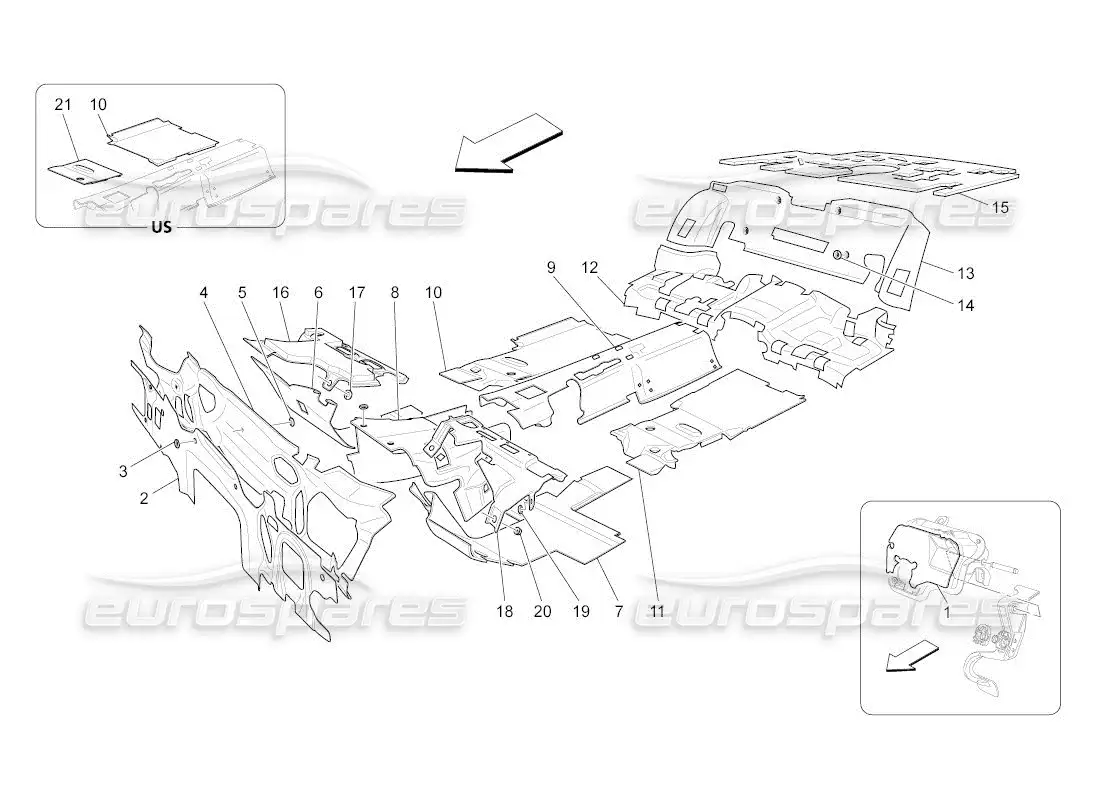 maserati qtp. (2011) 4.2 auto paneles de insonorización en el interior del vehículo. diagrama de piezas.