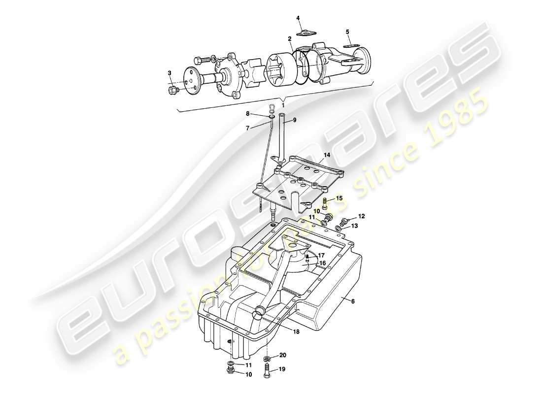 aston martin v8 volante (1998) diagrama de piezas de bomba de aceite y sumidero
