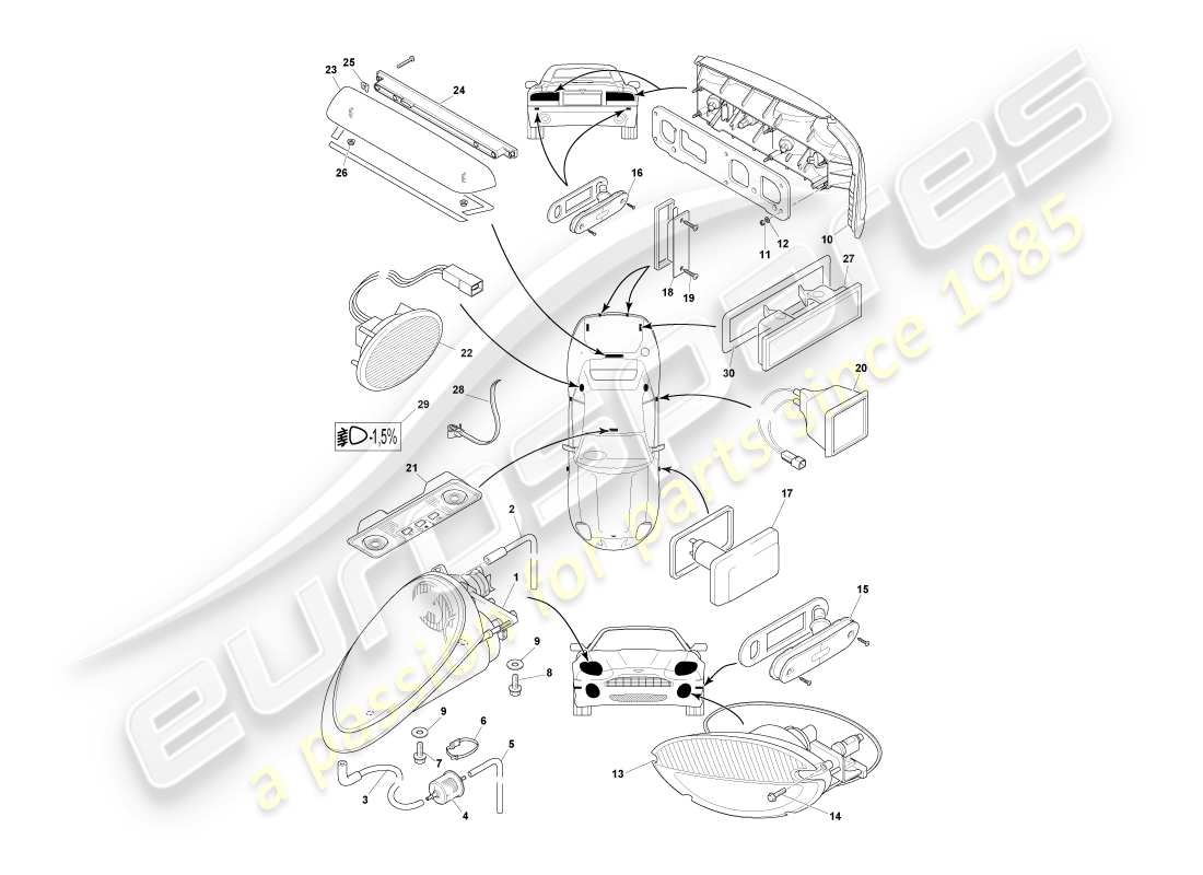 aston martin db7 vantage (2001) diagrama de piezas de lámparas y bombillas