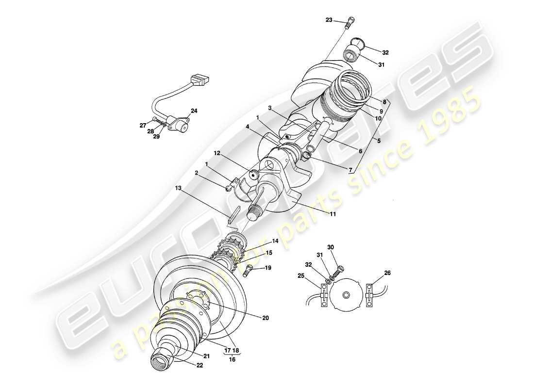 aston martin v8 volante (1997) diagrama de piezas del cigüeñal, pistones y bielas