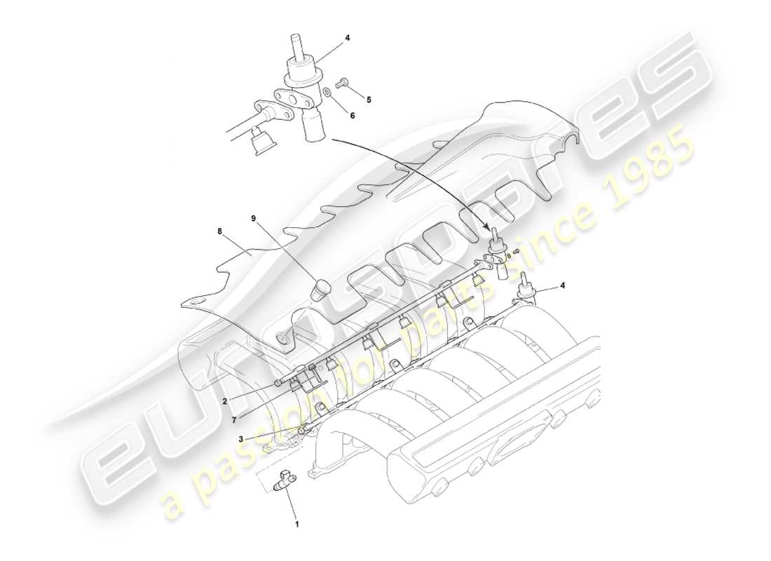aston martin db7 vantage (2004) diagrama de piezas de inyectores y rieles de combustible
