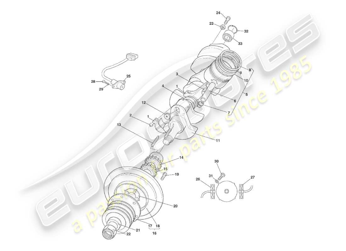 aston martin v8 virage (2000) diagrama de piezas del cigüeñal, pistones y bielas