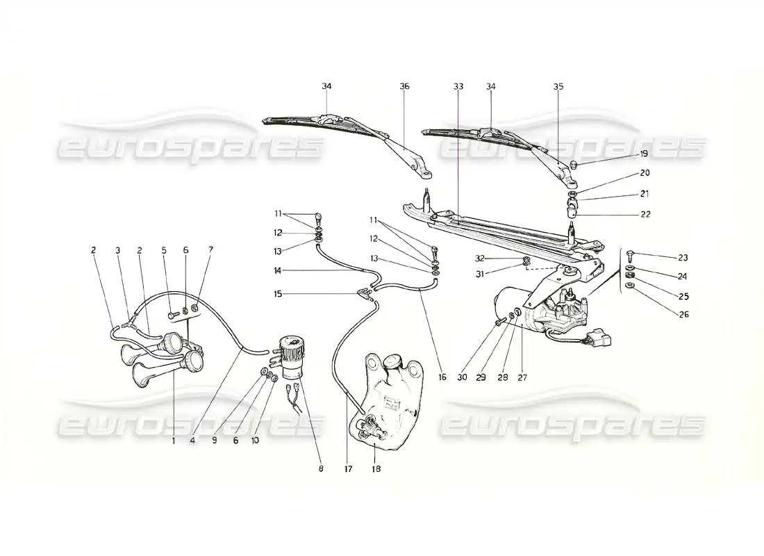 ferrari 308 gt4 dino (1976) limpiaparabrisas, arandela y bocina diagrama de piezas