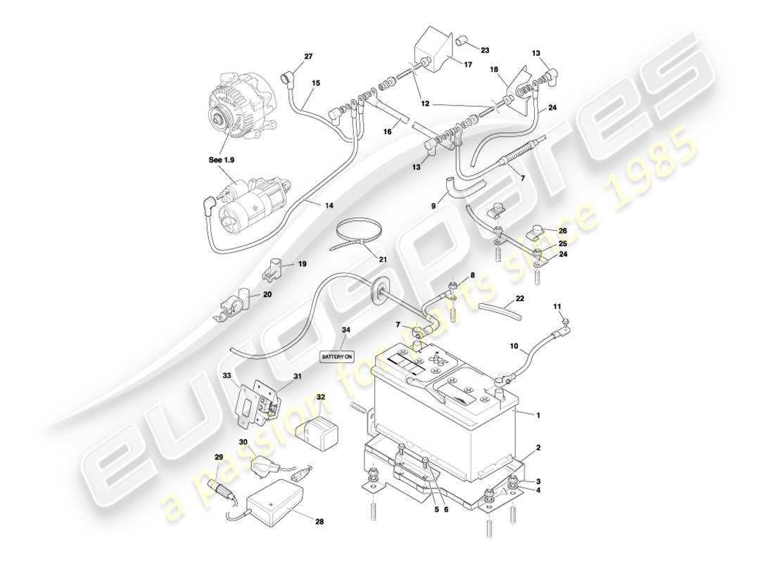 aston martin db7 vantage (2003) batería y bandeja diagrama de piezas