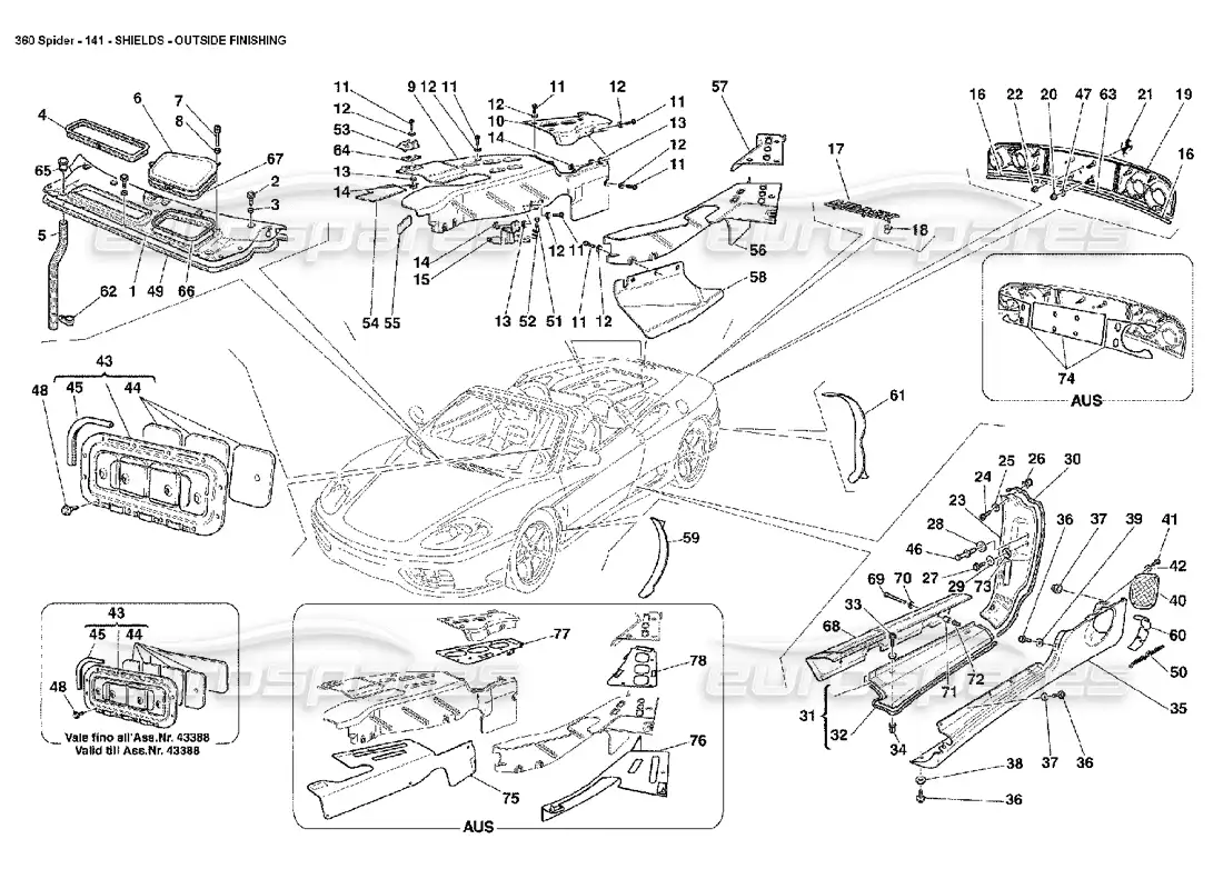 ferrari 360 spider escudos - acabado exterior diagrama de piezas