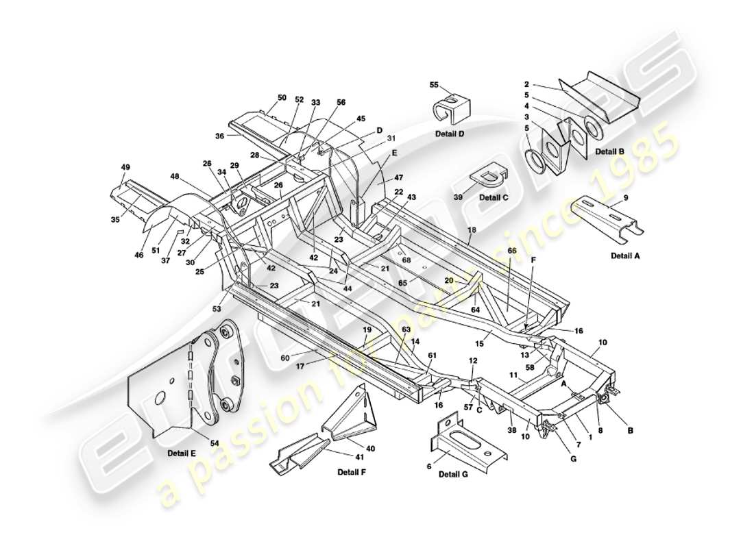aston martin v8 volante (1997) marco del chasis diagrama de piezas