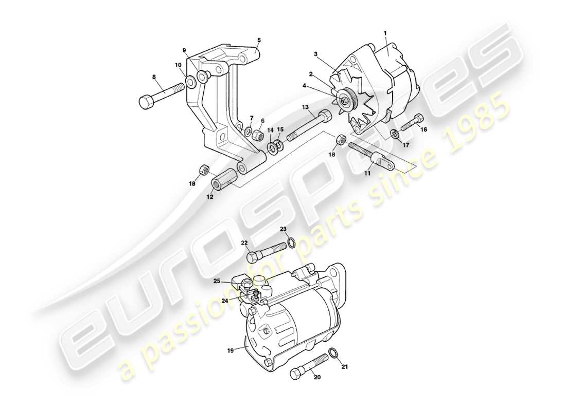 aston martin v8 coupe (2000) diagrama de piezas del generador, motor de arranque y bomba de aire