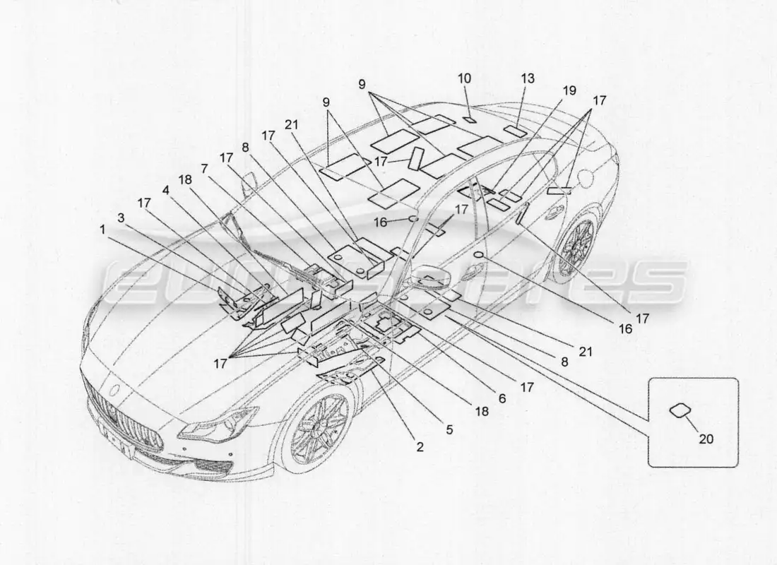 maserati qtp. v8 3.8 530bhp 2014 auto paneles insonorizantes en el interior del vehículo. diagrama de piezas.