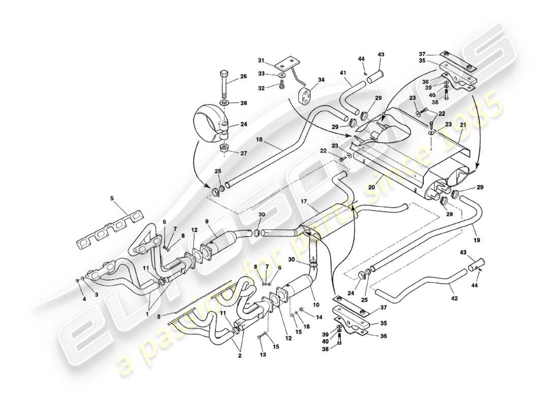 aston martin v8 coupe (1999) diagrama de piezas del sistema de escape