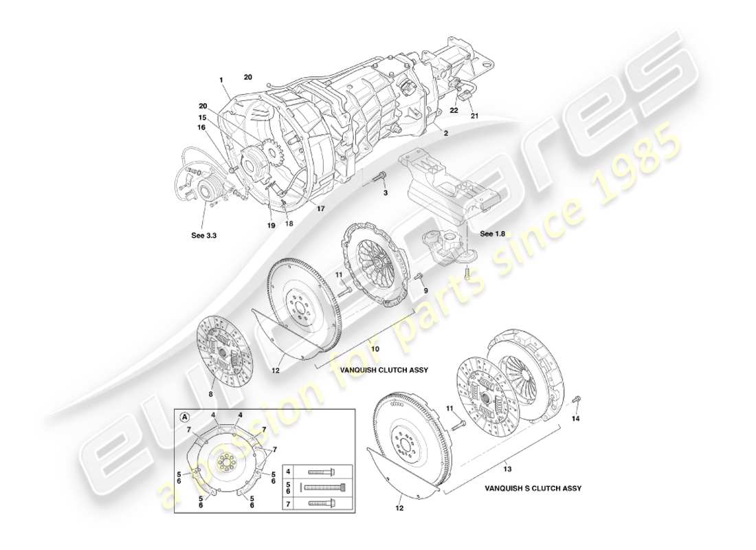 aston martin vanquish (2003) diagrama de piezas de caja de cambios y embrague asm