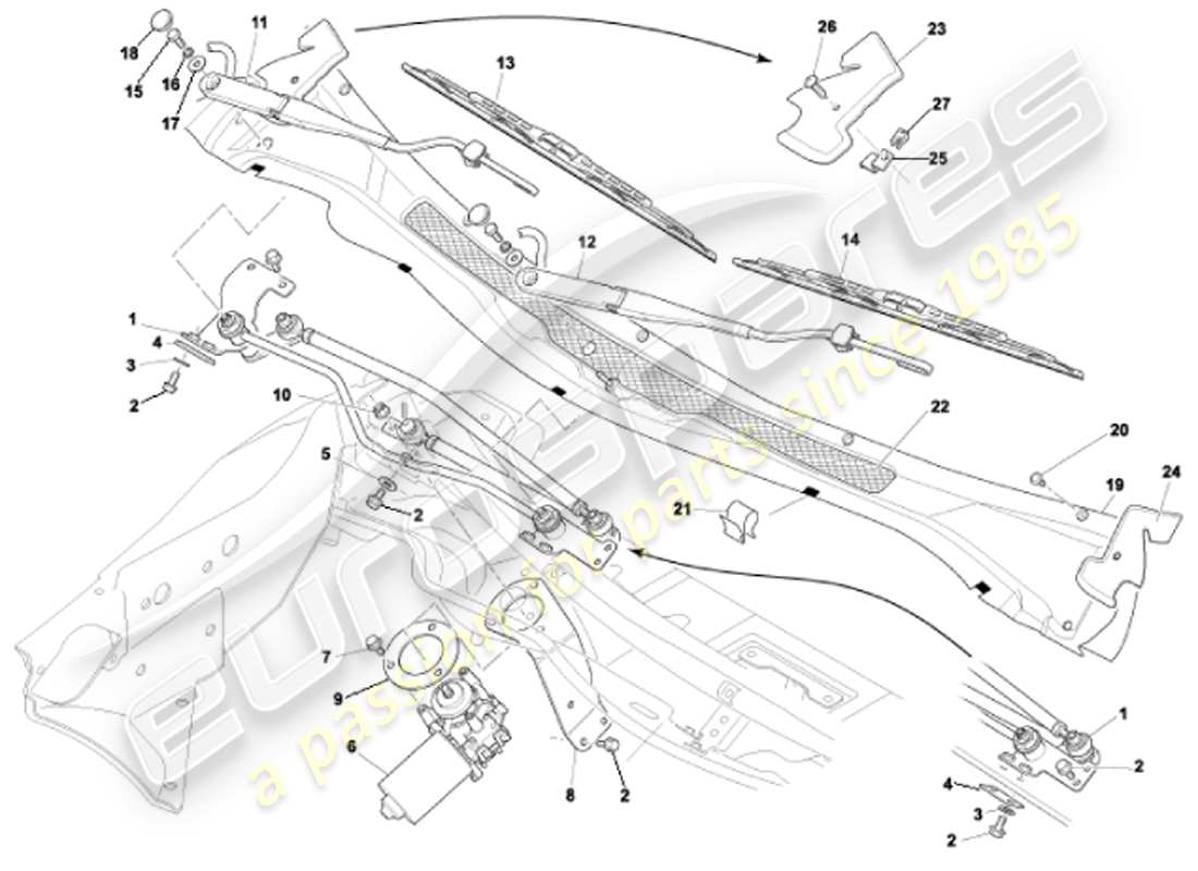 aston martin vanquish (2001) diagrama de piezas de limpiaparabrisas