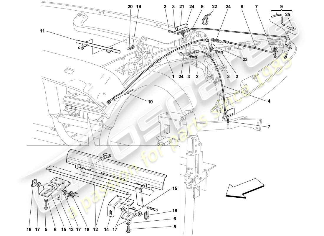 ferrari f430 scuderia (rhd) roof cables and mechanism part diagram