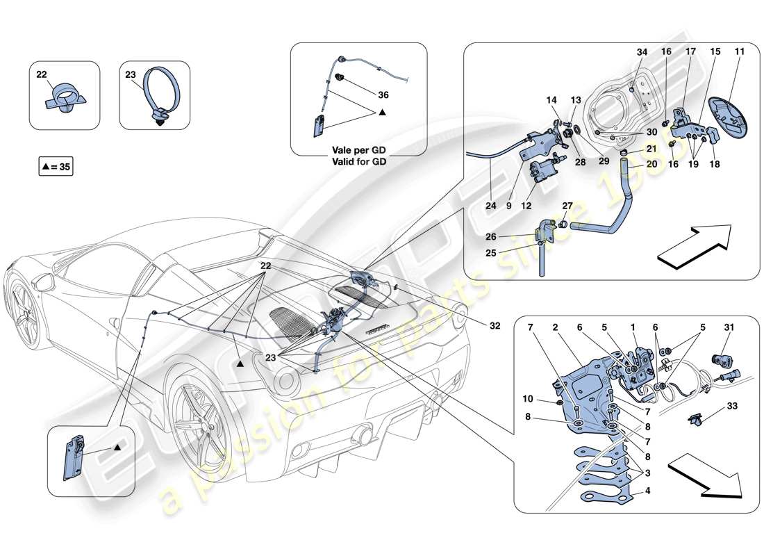 ferrari 458 speciale aperta (usa) mecanismos de apertura de la tapa del compartimiento del motor y de la tapa de llenado de combustible diagrama de piezas