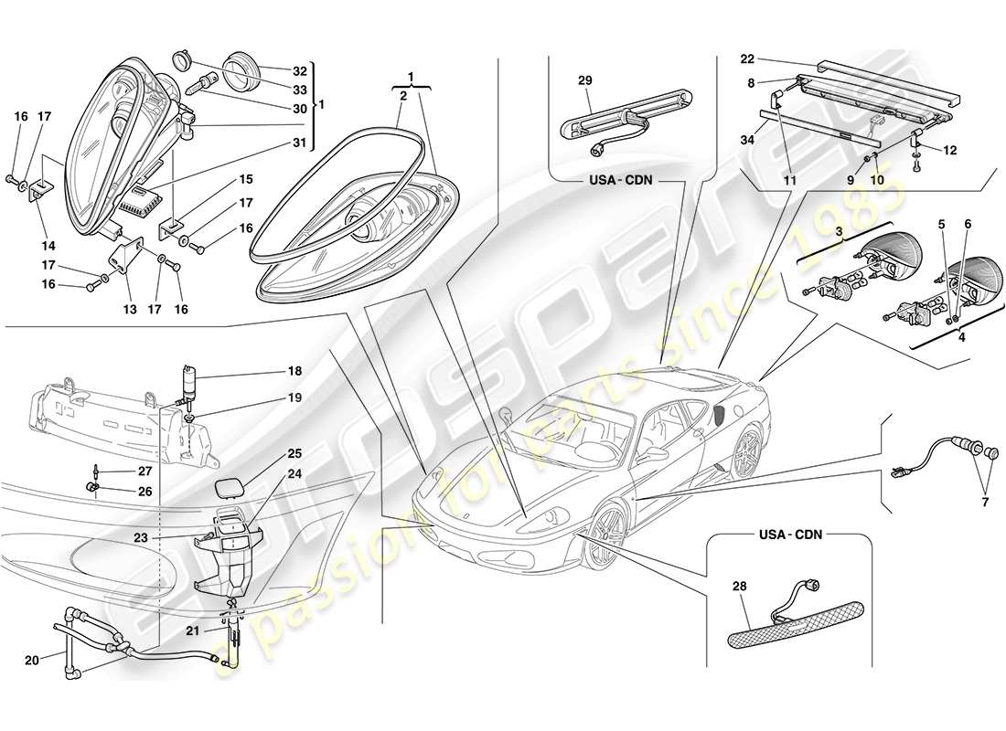 ferrari f430 coupe (usa) diagrama de piezas de faros y luces traseras