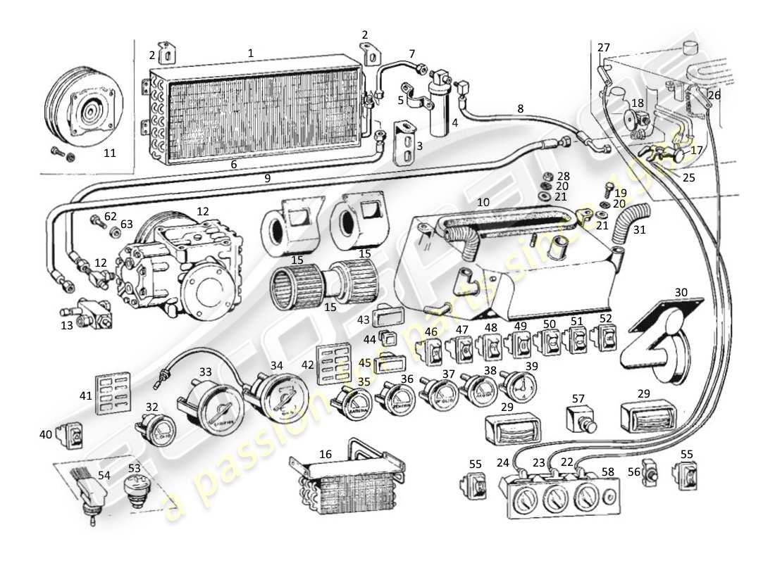 maserati kyalami instrumentos del tablero - acondicionamiento diagrama de piezas