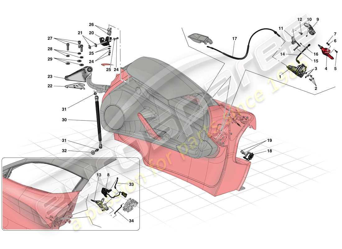 ferrari laferrari (usa) puertas - mecanismos de apertura y bisagras esquema de piezas