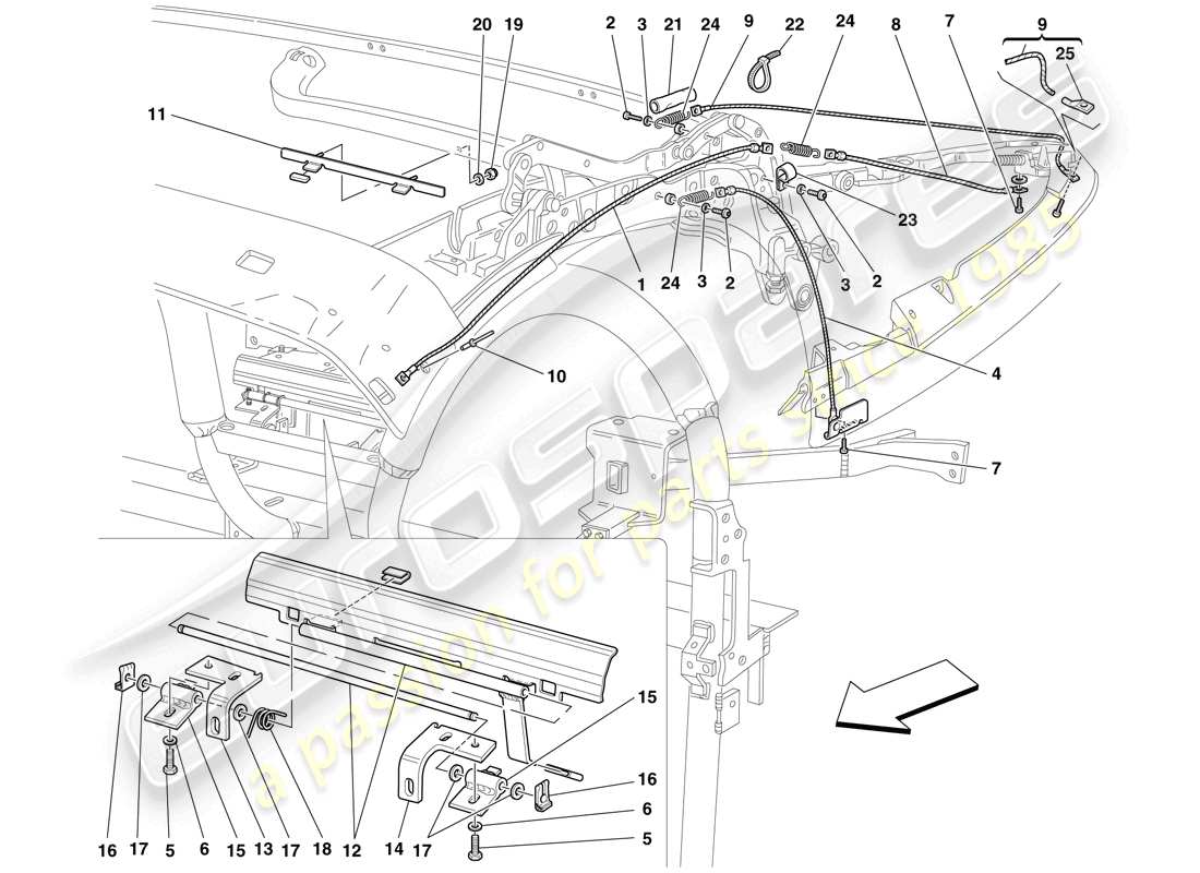 ferrari f430 spider (rhd) vinculaciones y mecanismo del techo diagrama de piezas