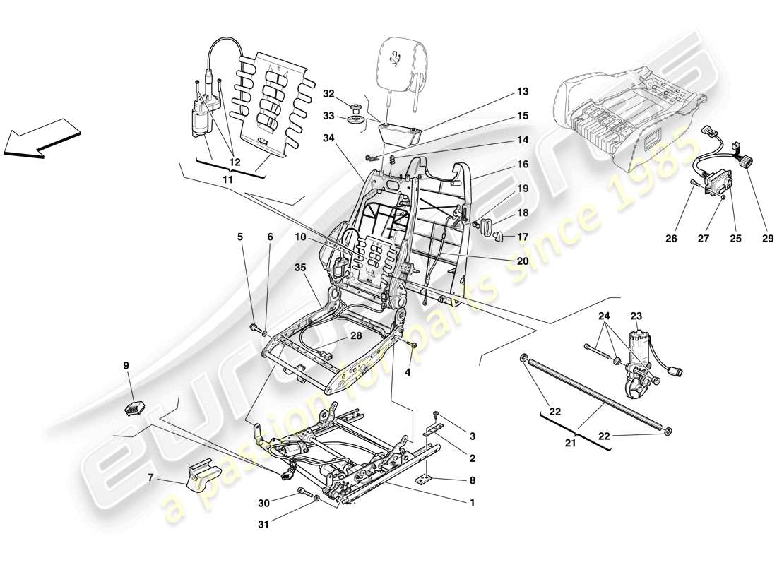 ferrari f430 spider (rhd) asiento eléctrico - guías y mecanismos de ajuste esquema de piezas