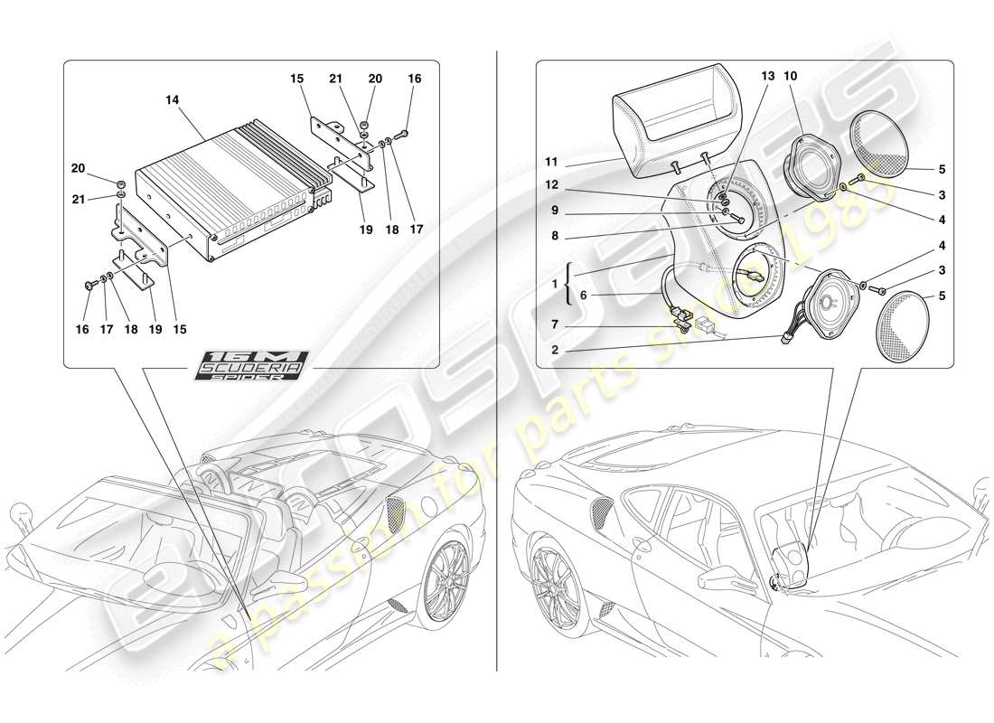 ferrari f430 scuderia (rhd) sistema amplificador de radio diagrama de piezas