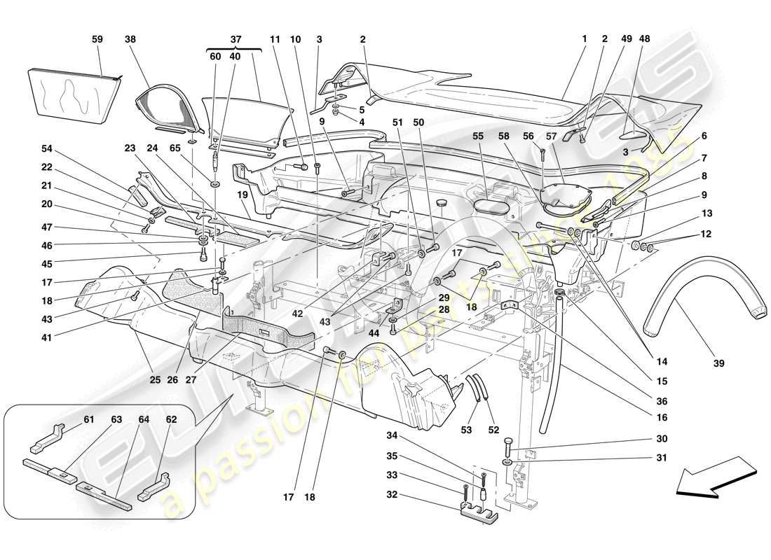 ferrari f430 scuderia (rhd) diagrama de piezas de moldura de techo y bañera de contenedor