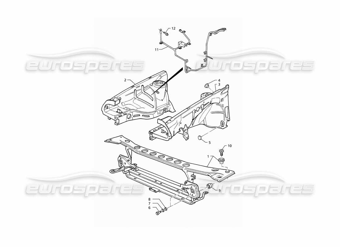 maserati qtp v8 (1998) carrocería: diagrama de piezas del panel frontal y los pasos de rueda interiores