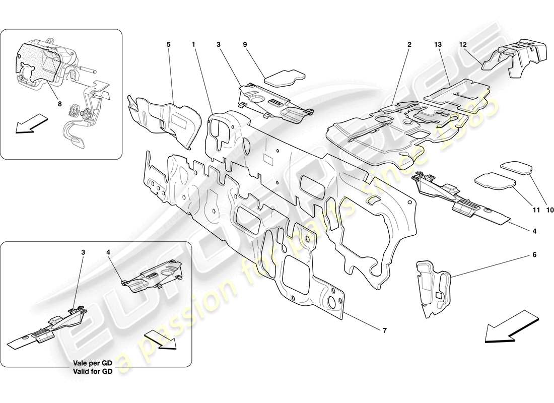 ferrari california (rhd) insonorización en vehículo esquema de piezas