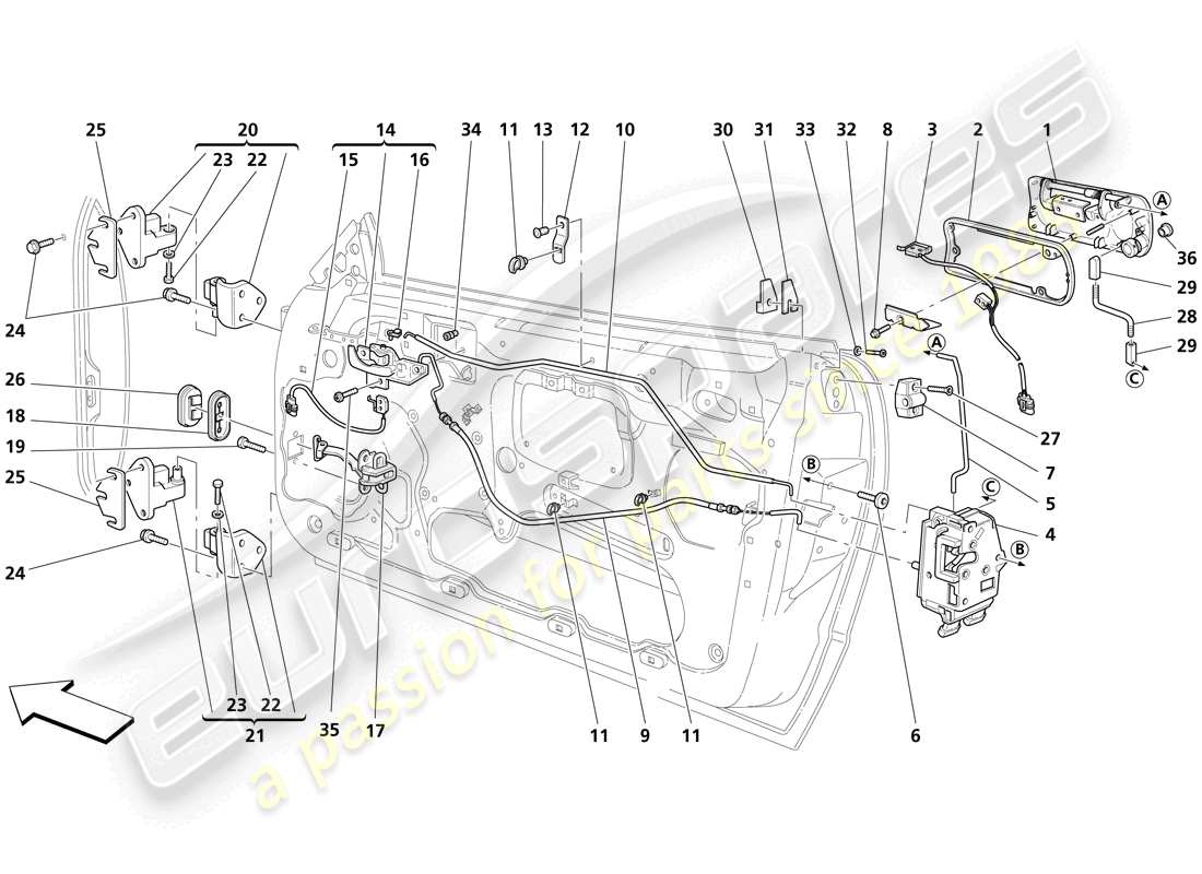 maserati trofeo puertas - control de apertura y bisagras diagrama de piezas