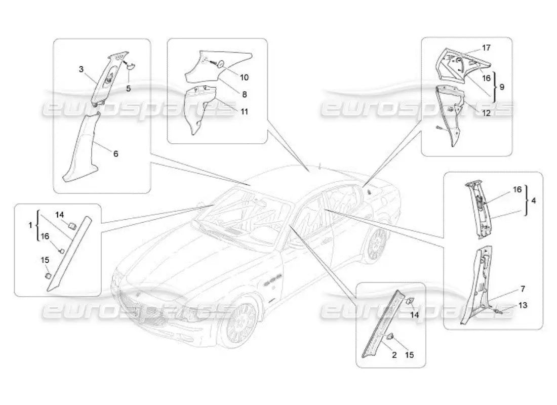 maserati qtp. (2005) 4.2 paneles de adorno del pilar del habitáculo b y paneles laterales diagrama de piezas