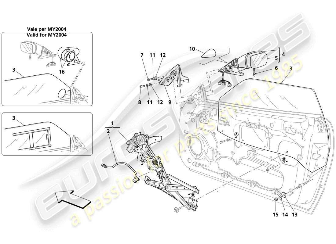 maserati trofeo puertas: diagrama de piezas del elevalunas eléctrico y del espejo retrovisor