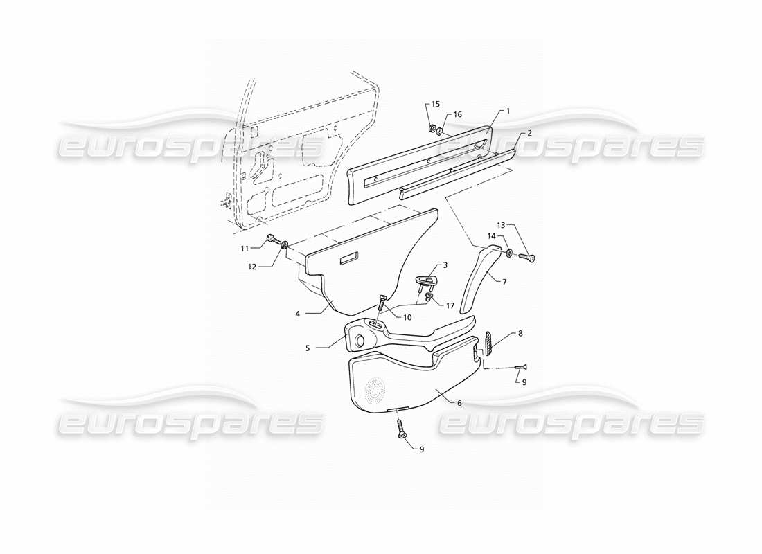 maserati qtp v6 (1996) adornos interiores: diagrama de piezas de los paneles de las puertas traseras