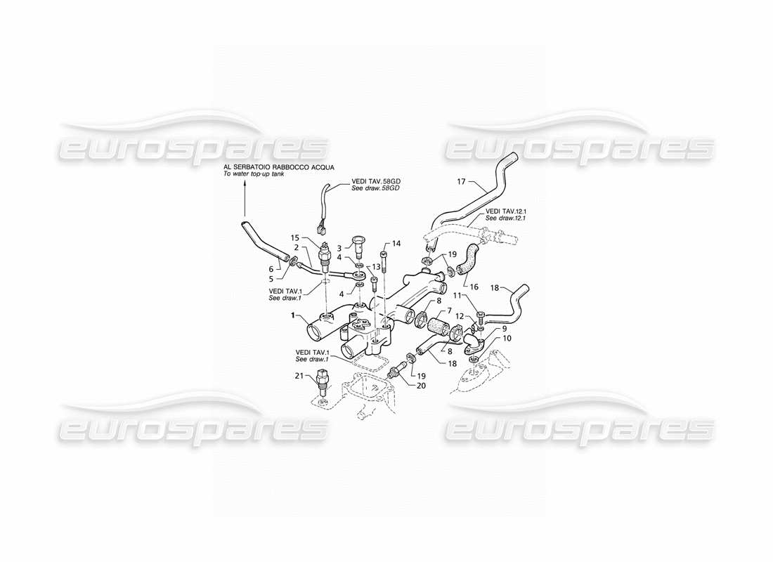 maserati qtp v8 (1998) diagrama de piezas del termostato y tubos de refrigeración del motor (rhd)