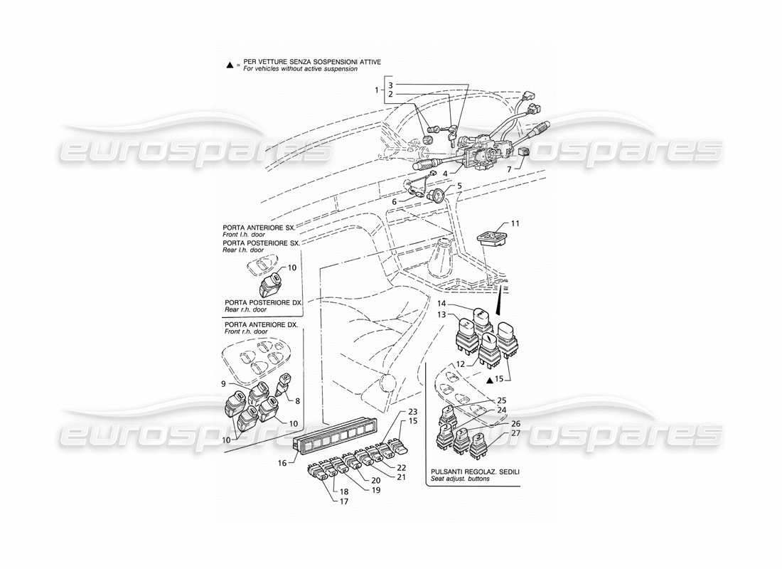 maserati qtp v8 (1998) diagrama de piezas de interruptores y bloqueo de dirección (rhd)