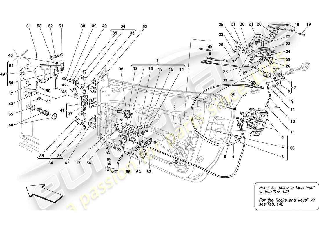 ferrari f430 coupe (europe) puertas - mecanismo de apertura y bisagras esquema de piezas