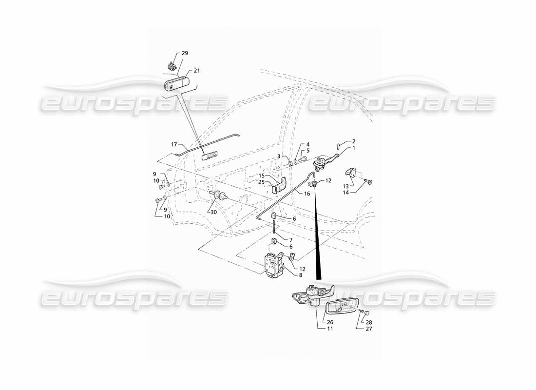 maserati qtp v8 (1998) puertas traseras: diagrama de piezas de bisagras y controles internos