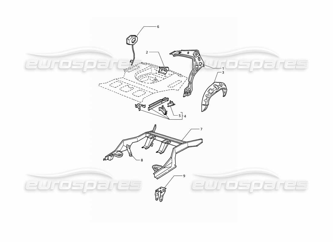 maserati qtp v6 (1996) carrocería: diagrama de piezas de la estructura exterior trasera
