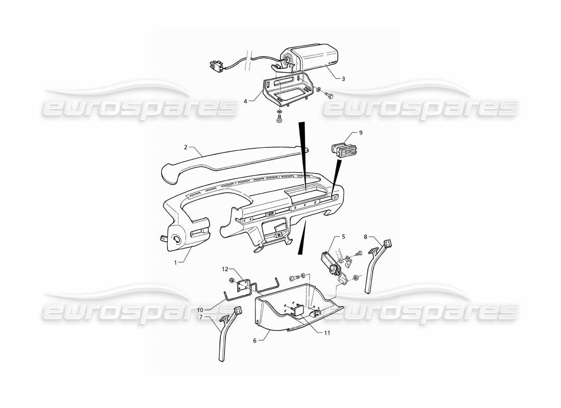 maserati qtp v6 (1996) panel de instrumentos: diagrama de piezas de vehículos con doble airbag