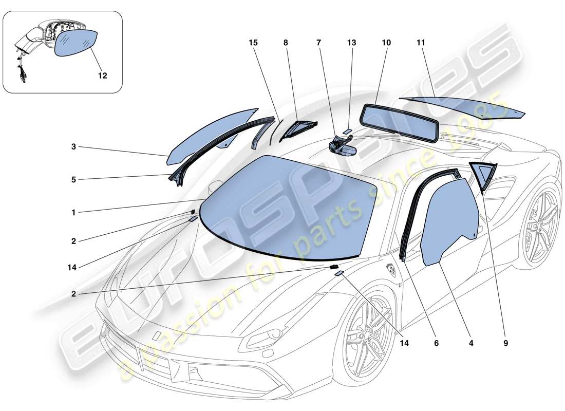 ferrari 488 gtb (rhd) pantallas, ventanas y juntas diagrama de piezas