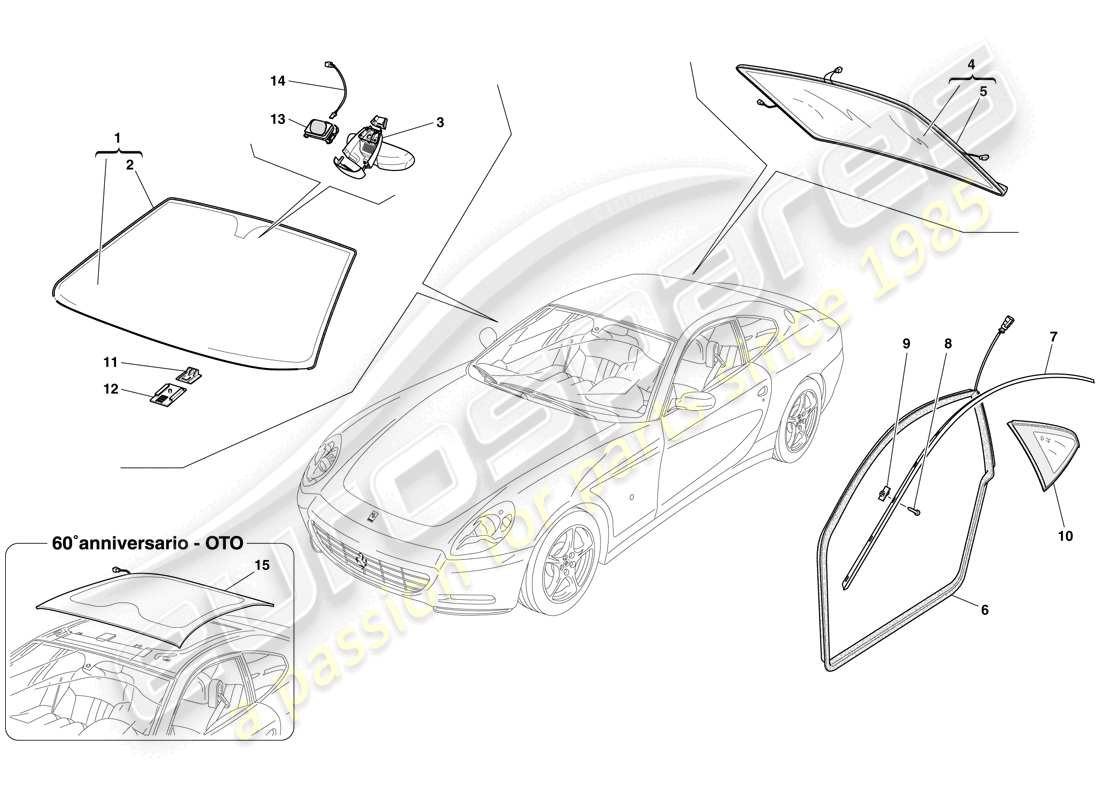 ferrari 612 scaglietti (usa) pantallas, ventanas y juntas diagrama de piezas