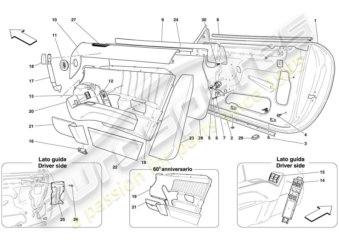 ferrari 612 scaglietti (usa) puertas - subestructura y acabados diagrama de piezas