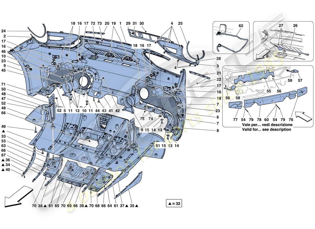 ferrari 488 gtb (rhd) parachoques trasero diagrama de piezas