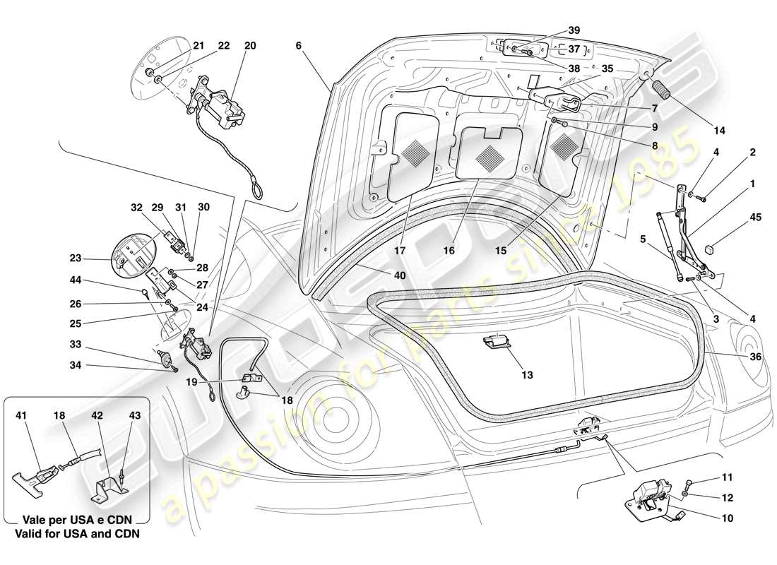 ferrari 599 gtb fiorano (europe) tapa del maletero y tapa del llenado de combustible diagrama de piezas