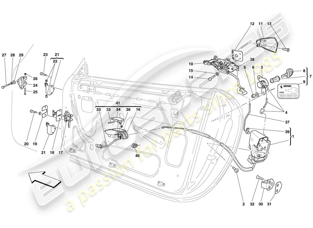 ferrari 612 scaglietti (usa) puertas - mecanismo de apertura y bisagras esquema de piezas