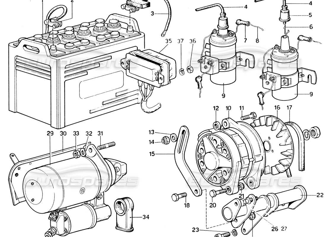 ferrari 365 gtb4 daytona (1969) diagrama de piezas del generador, bobinas del acumulador y motor de arranque (1974 revisión)