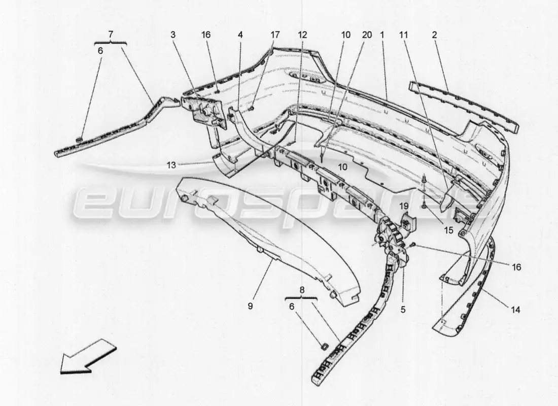 maserati qtp. v8 3.8 530bhp 2014 auto diagrama de piezas del parachoques trasero