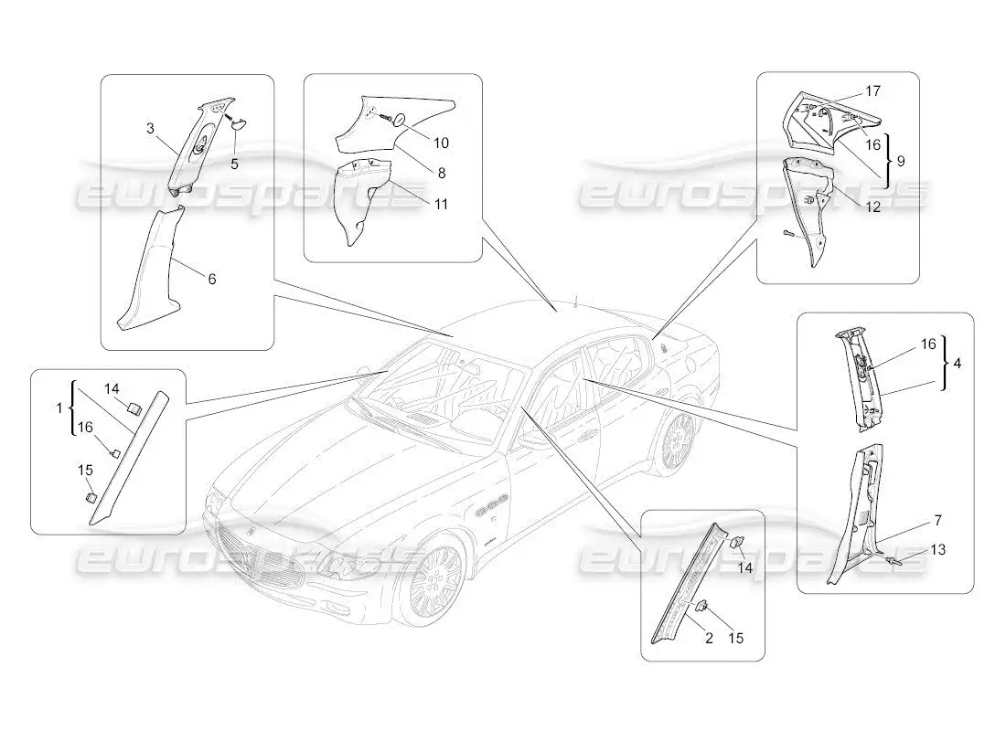 maserati qtp. (2011) 4.7 auto paneles de adorno del pilar del habitáculo b y paneles laterales diagrama de piezas