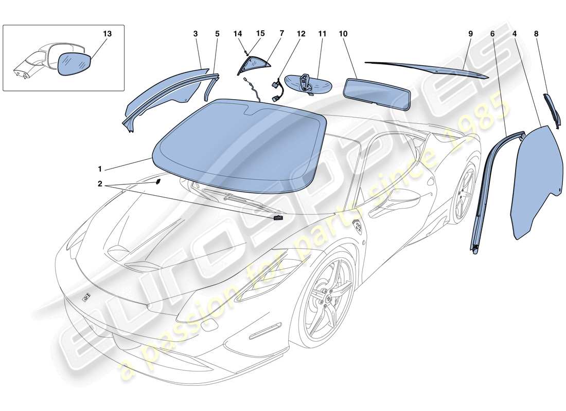 ferrari 458 speciale (rhd) pantallas, ventanas y juntas diagrama de piezas