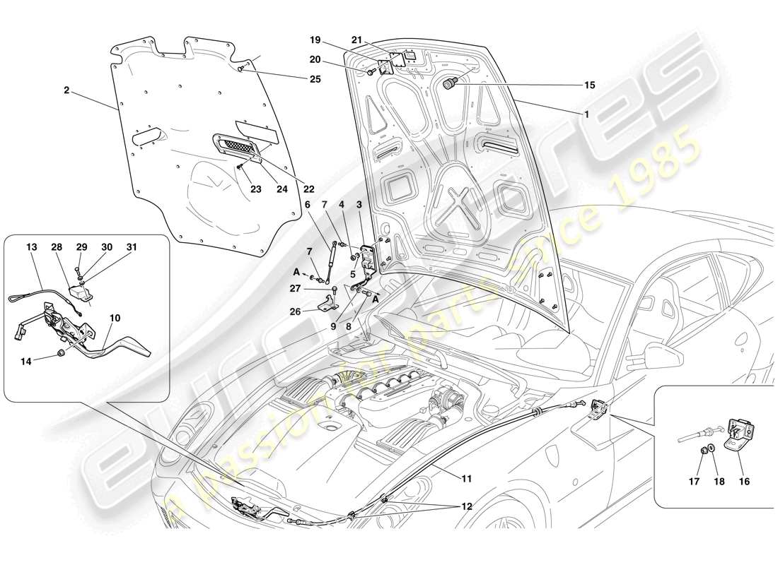 ferrari 599 gtb fiorano (usa) diagrama de piezas de la tapa del compartimiento del motor