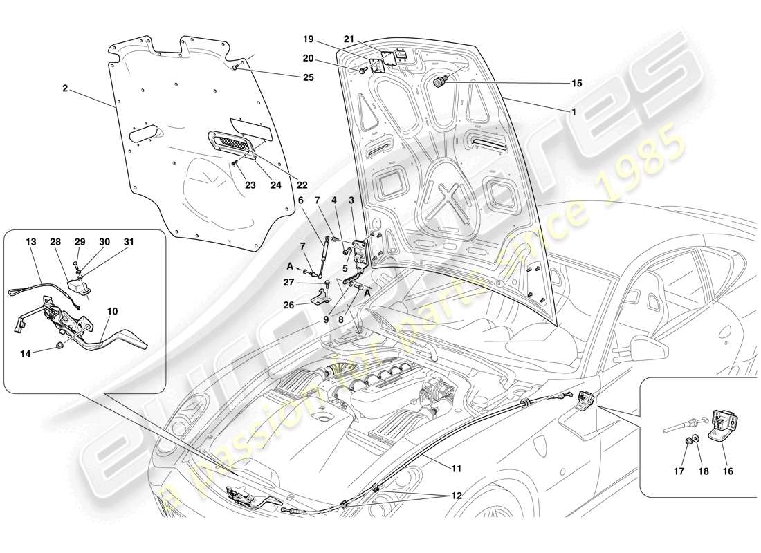 ferrari 599 gtb fiorano (usa) tapa del compartimiento del motor diagrama de piezas