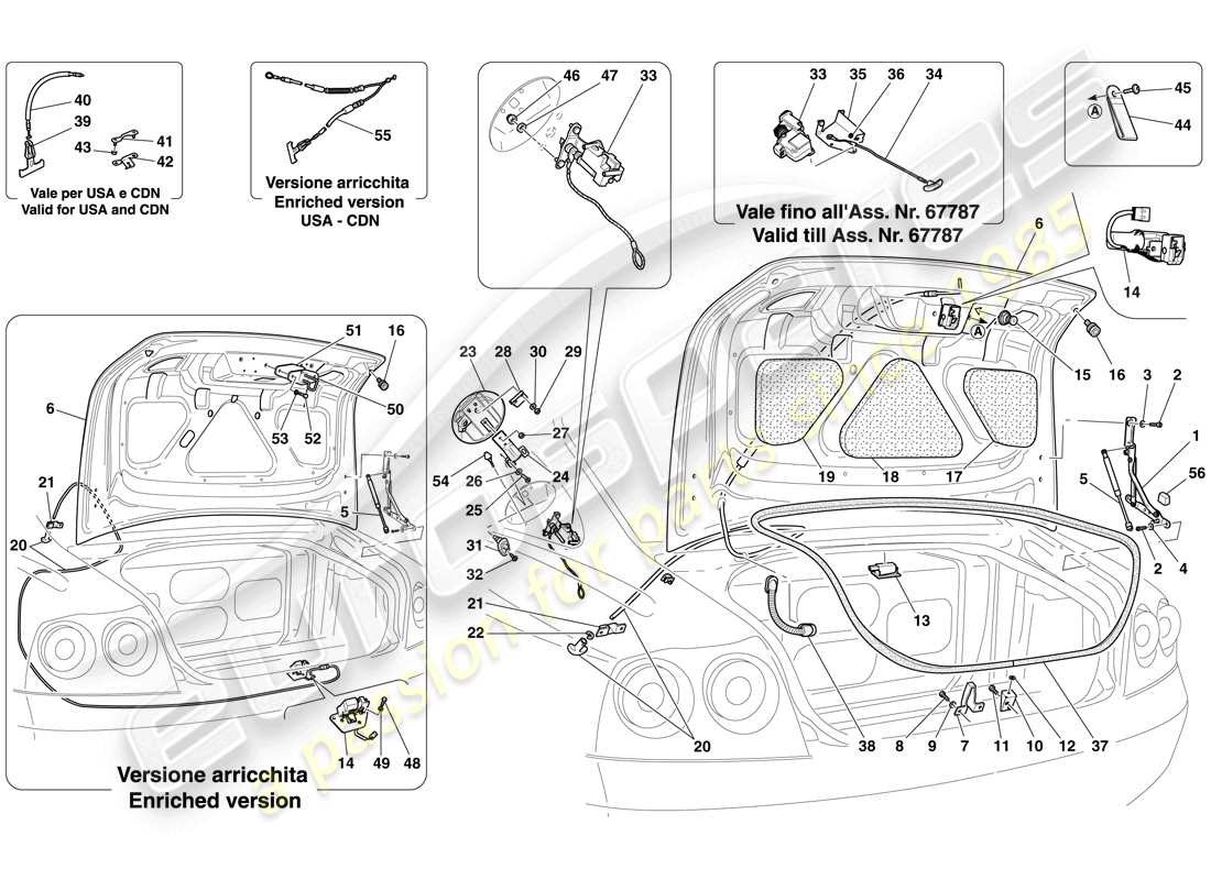 ferrari 612 scaglietti (usa) tapa del maletero y tapa del llenado de combustible diagrama de piezas